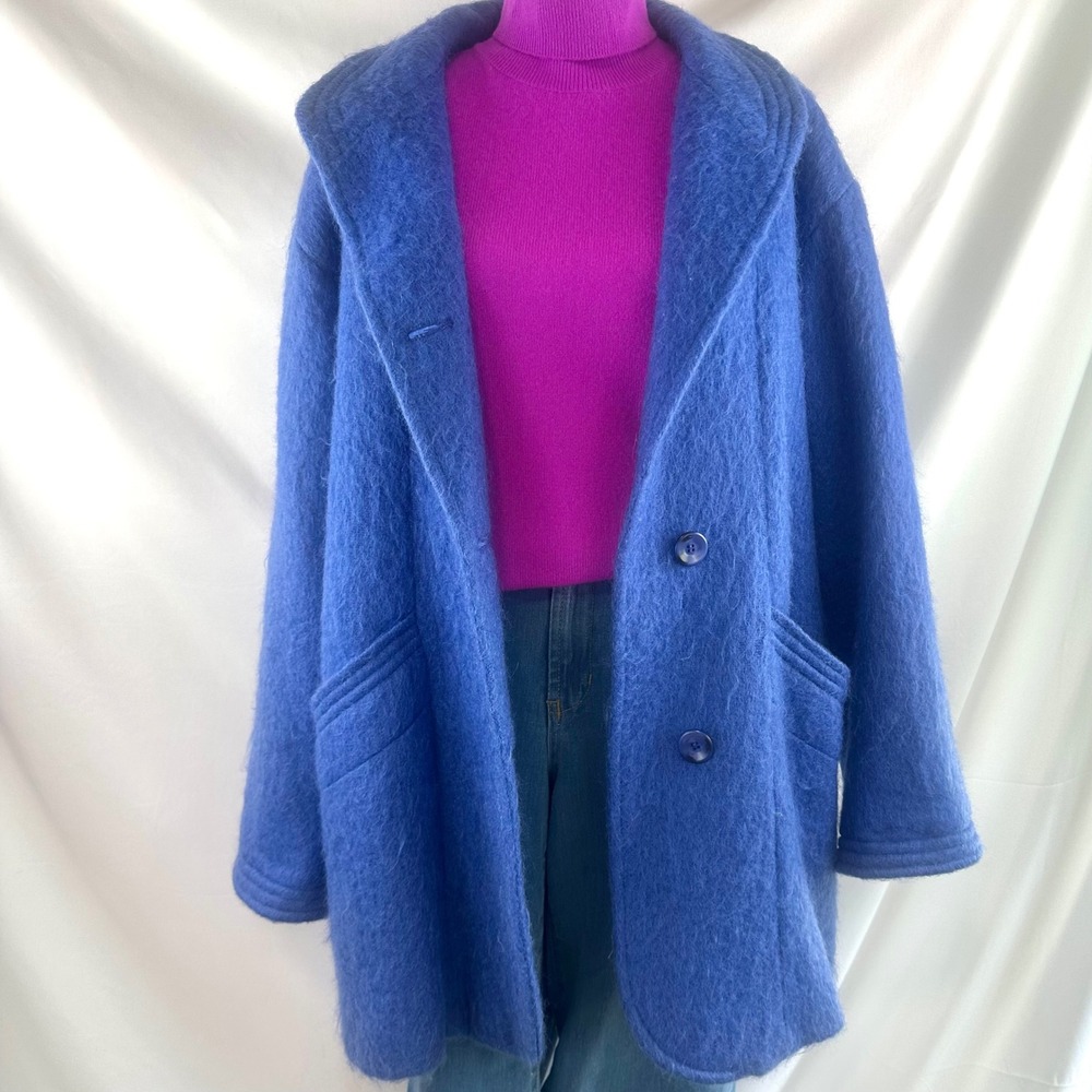 Vintage Mohair Coat Blue‎ Oversized Fuzzy Wool Blend Statement Jacket 80s USA 14